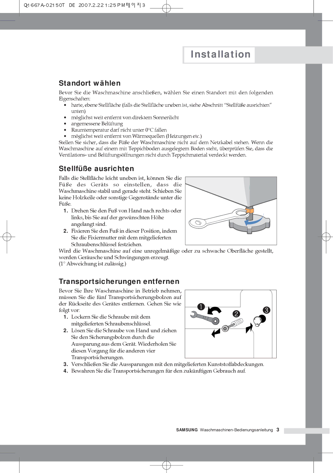 Samsung Q1467ATGW/XEG, Q1667ATGW1/XEG, Q1467ATGW1/XEG Standort wählen, Stellfüße ausrichten, Transportsicherungen entfernen 