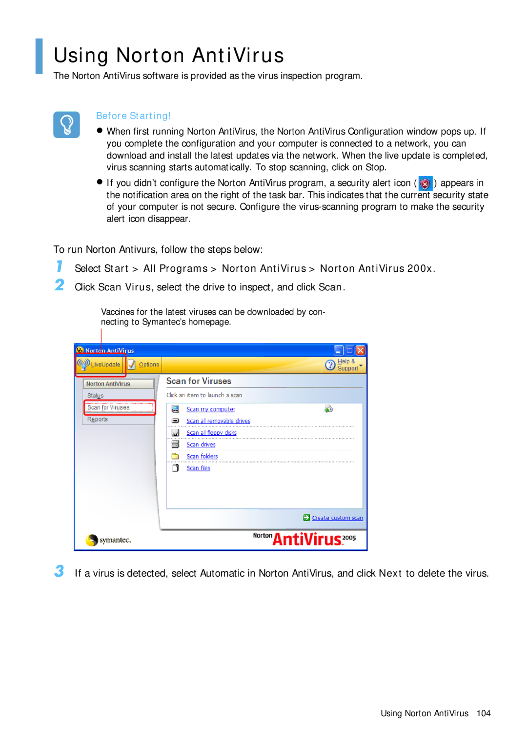 Samsung Q1B manual Using Norton AntiVirus, To run Norton Antivurs, follow the steps below 