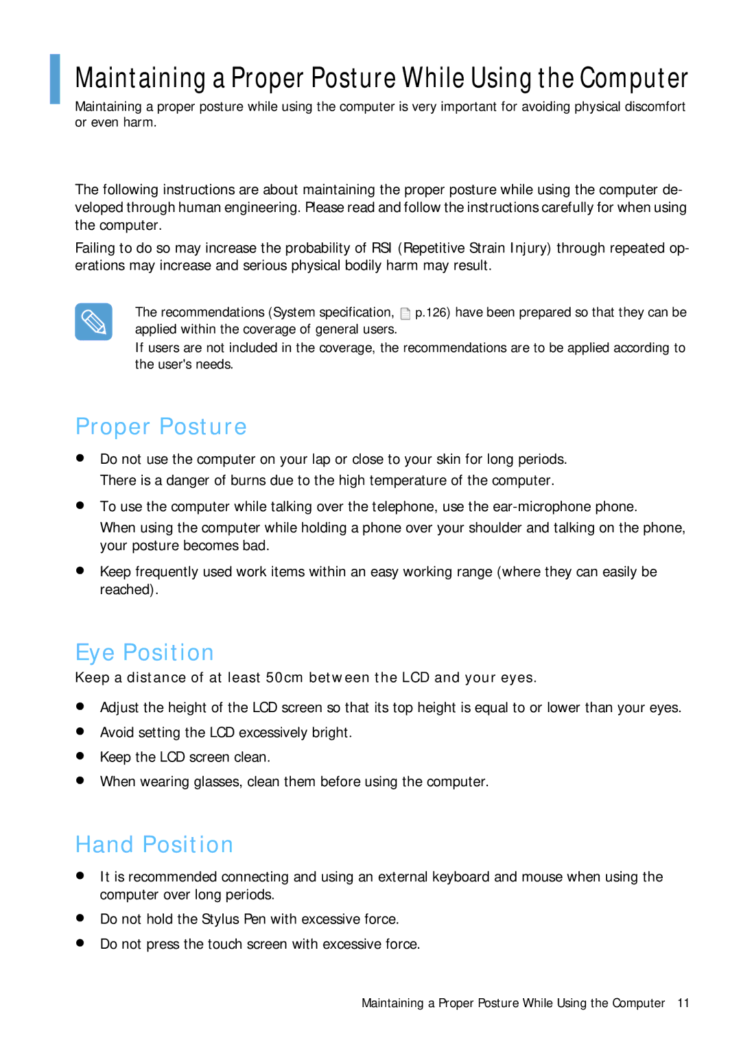 Samsung Q1B manual Proper Posture, Eye Position, Hand Position 