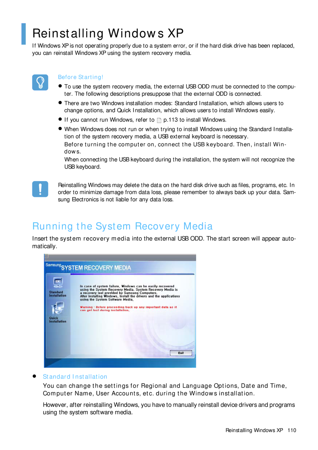 Samsung Q1B manual Reinstalling Windows XP, Running the System Recovery Media 