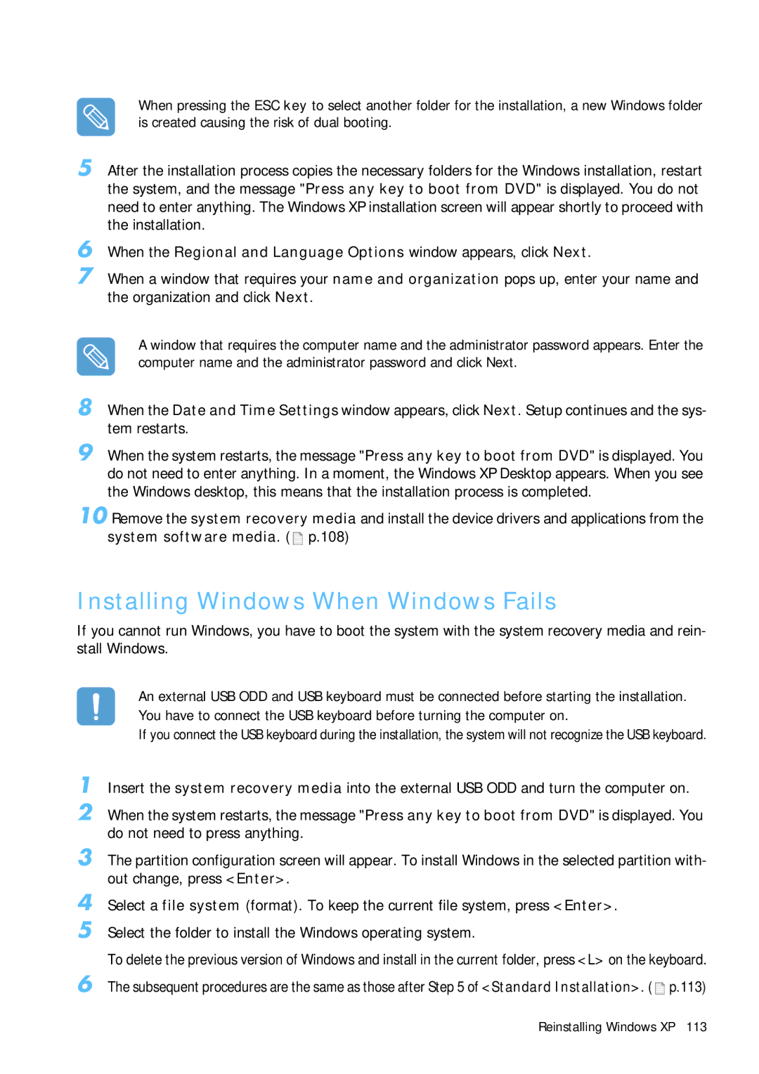 Samsung Q1B manual Installing Windows When Windows Fails 