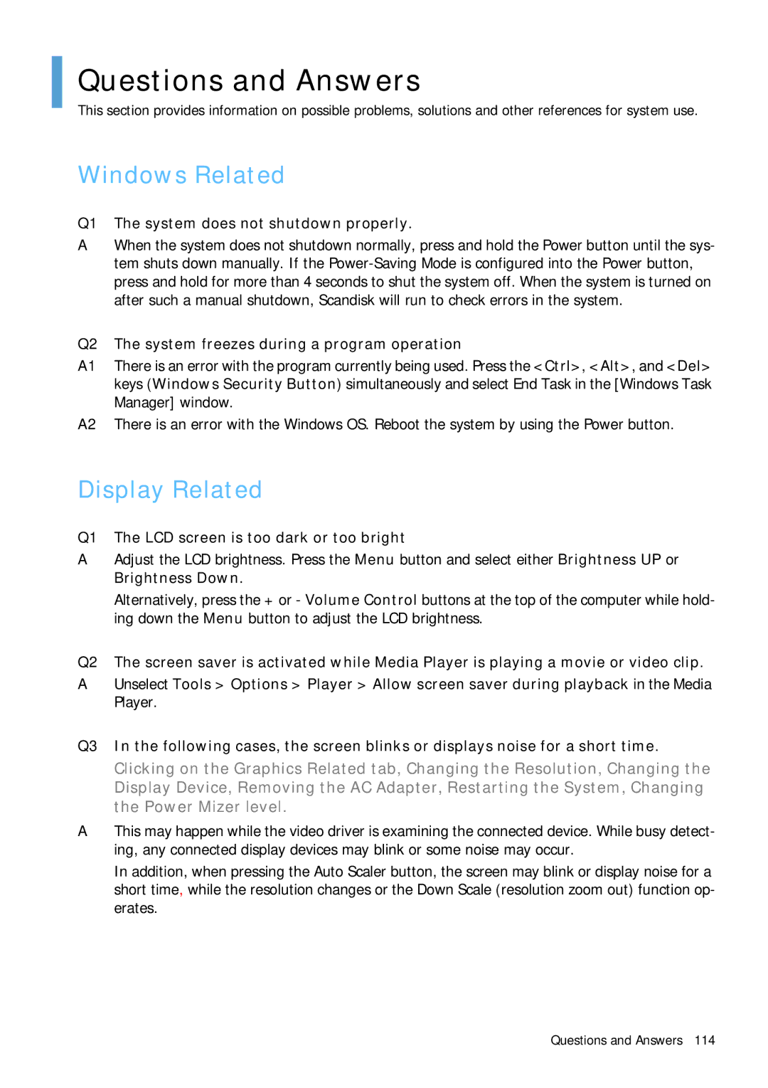 Samsung Q1B manual Questions and Answers, Windows Related, Display Related 