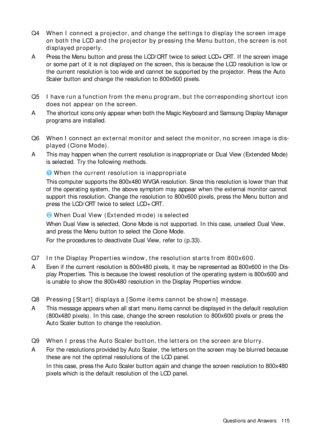 Samsung Q1B manual When the current resolution is inappropriate, When Dual View Extended mode is selected 