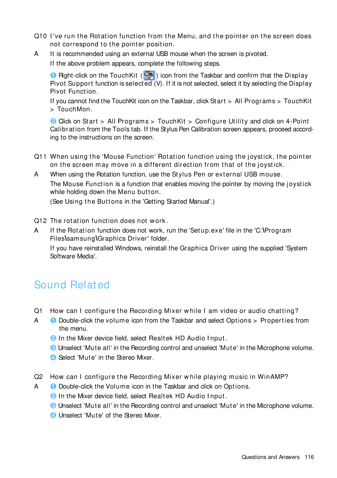 Samsung Q1B manual Sound Related, Q12 The rotation function does not work 