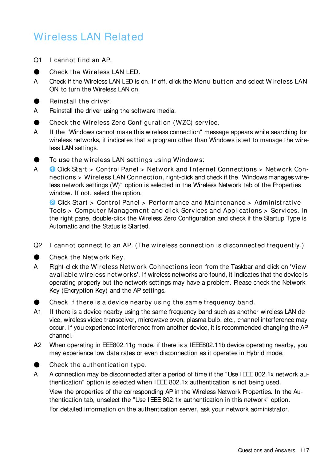 Samsung Q1B manual Wireless LAN Related, Q1 I cannot find an AP Check the Wireless LAN LED, Reinstall the driver 