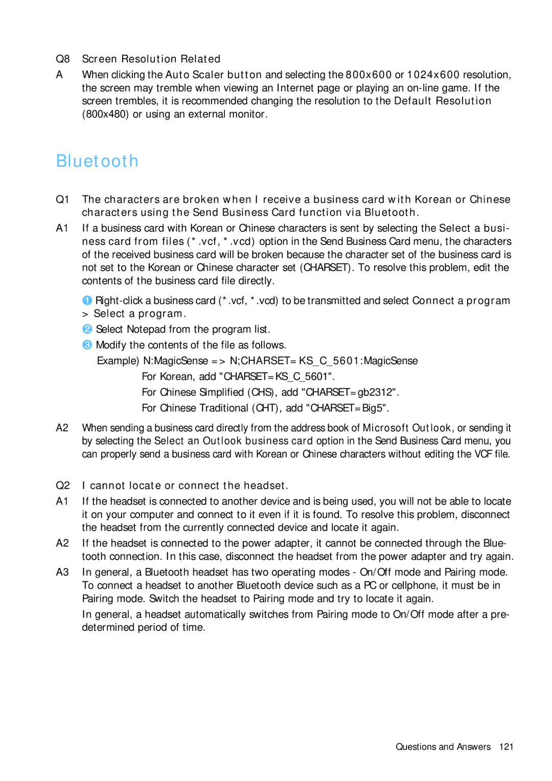 Samsung Q1B manual Bluetooth, Q8 Screen Resolution Related, Q2 I cannot locate or connect the headset 