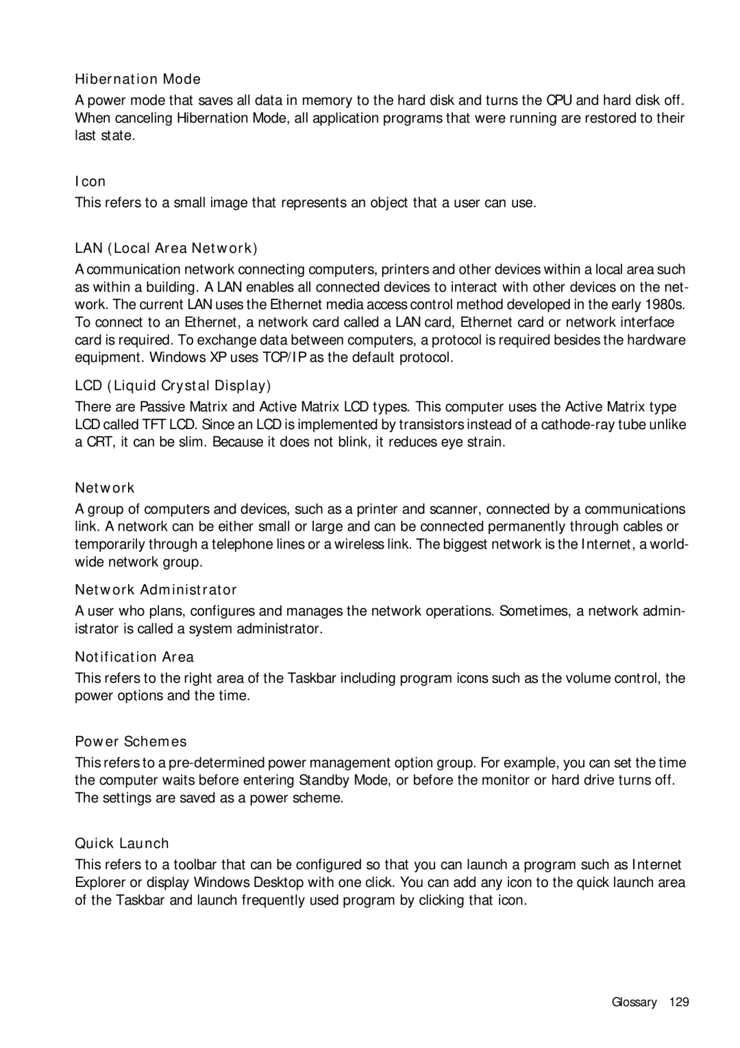 Samsung Q1B manual Hibernation Mode, Icon, LAN Local Area Network, LCD Liquid Crystal Display, Network Administrator 