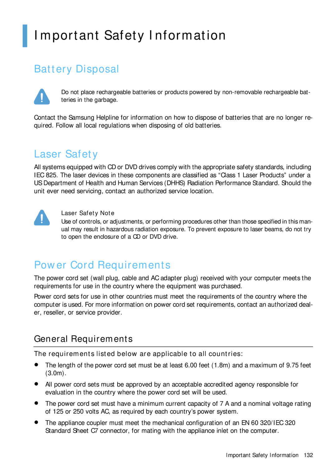 Samsung Q1B Important Safety Information, Battery Disposal, Laser Safety, Power Cord Requirements, General Requirements 