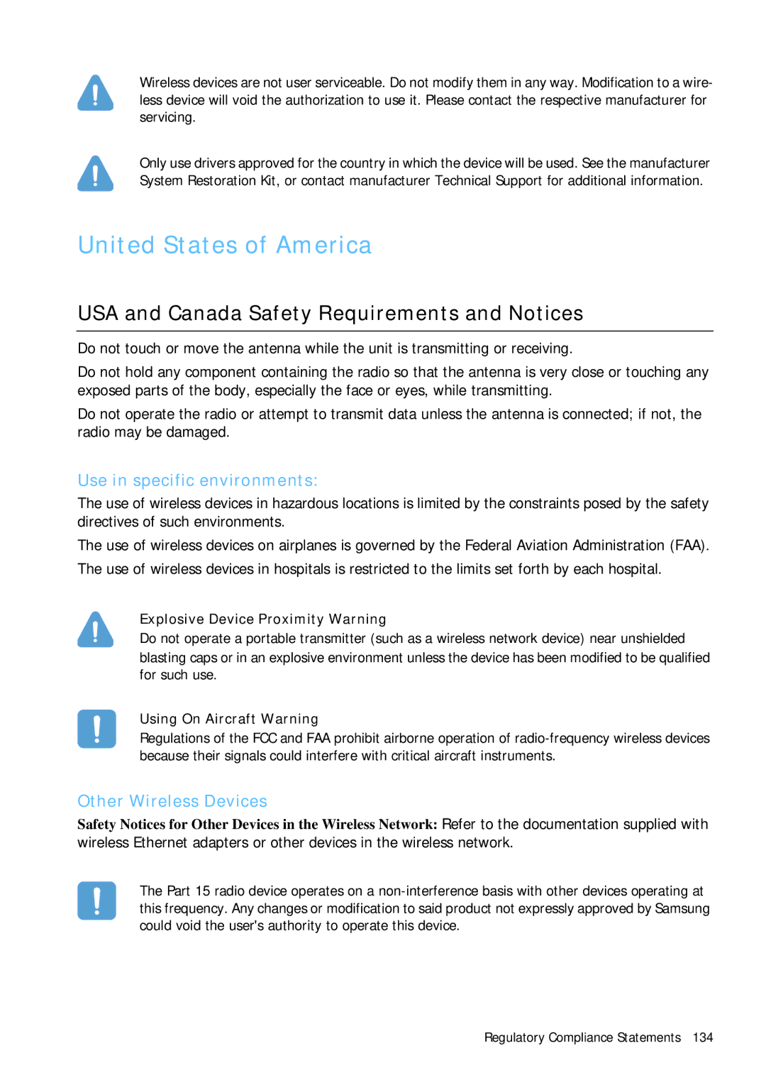 Samsung Q1B United States of America, USA and Canada Safety Requirements and Notices, Explosive Device Proximity Warning 