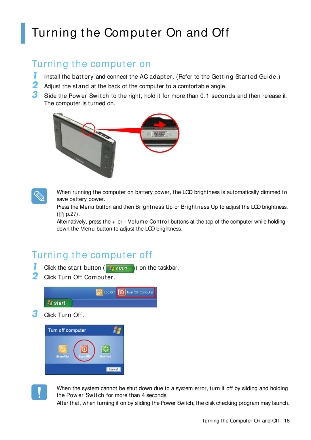 Samsung Q1B manual Turning the Computer On and Off, Turning the computer on, Turning the computer off, Click Turn Off 