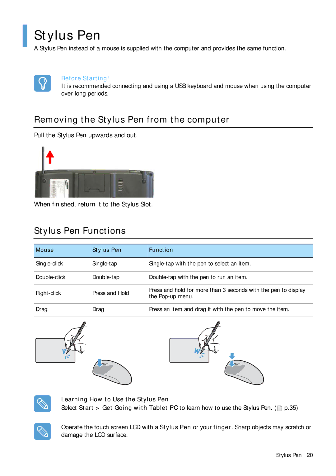 Samsung Q1B manual Removing the Stylus Pen from the computer, Stylus Pen Functions, Learning How to Use the Stylus Pen 