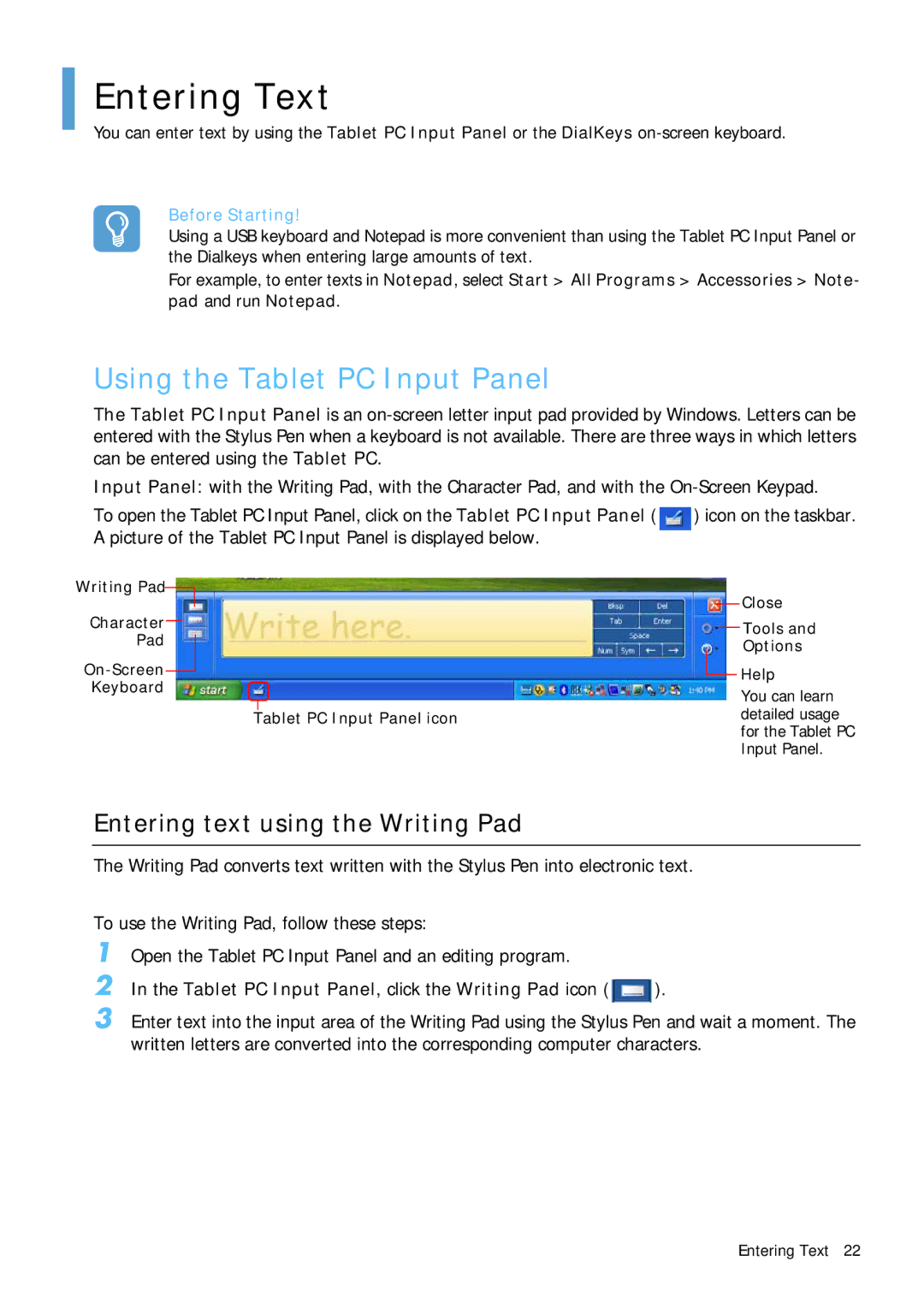 Samsung Q1B manual Entering Text, Using the Tablet PC Input Panel, Entering text using the Writing Pad 