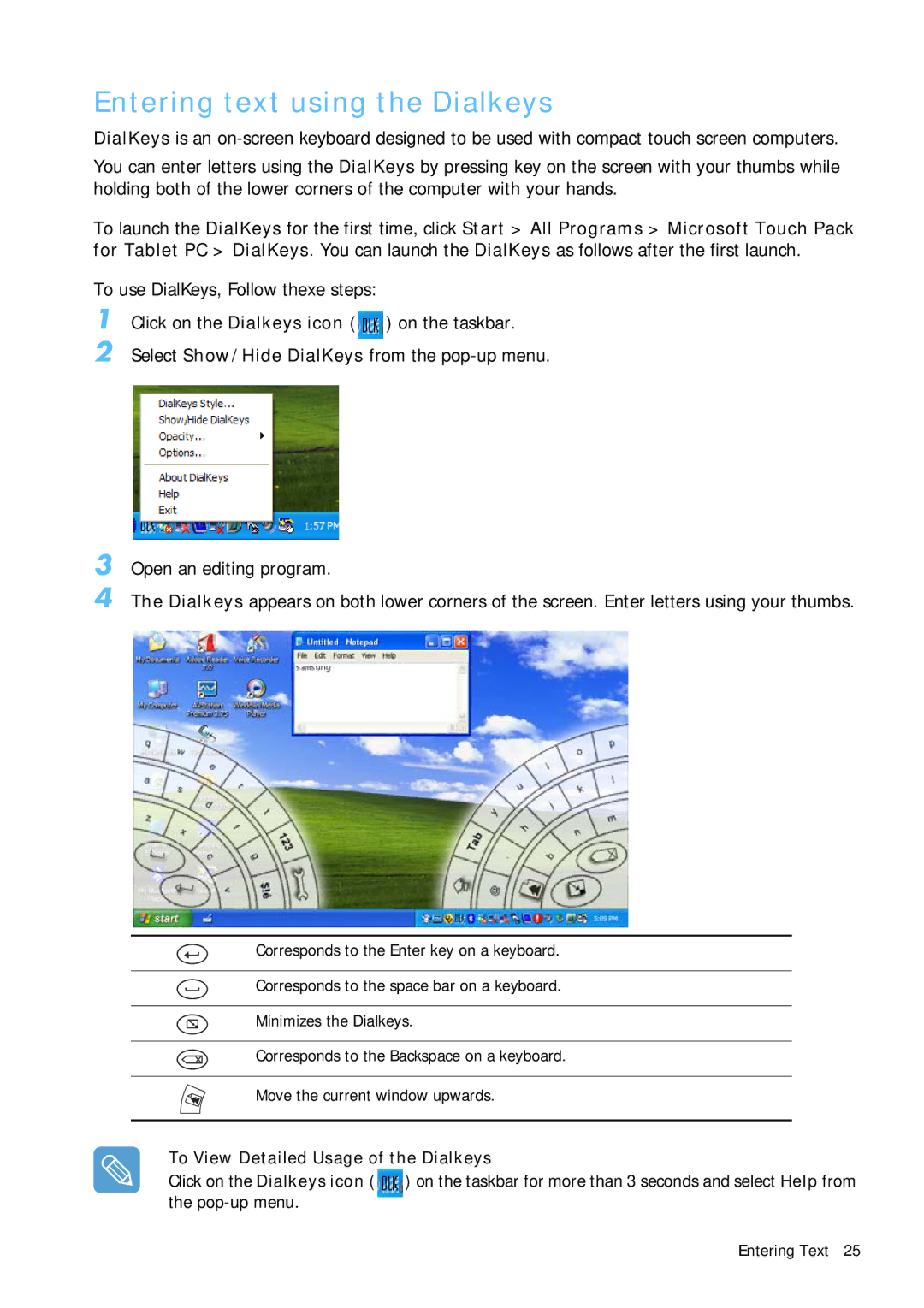 Samsung Q1B manual Entering text using the Dialkeys, To View Detailed Usage of the Dialkeys 