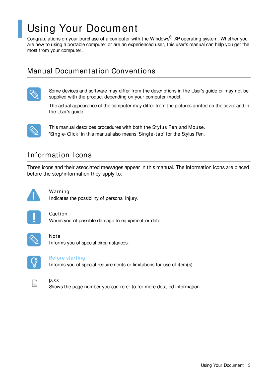 Samsung Q1B manual Using Your Document, Manual Documentation Conventions, Information Icons 