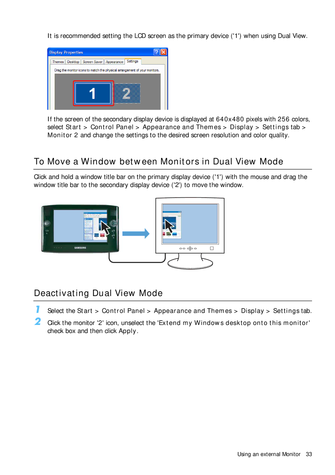 Samsung Q1B manual To Move a Window between Monitors in Dual View Mode, Deactivating Dual View Mode 