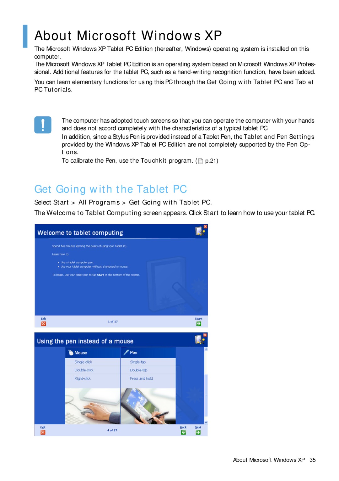 Samsung Q1B About Microsoft Windows XP, Get Going with the Tablet PC, Select Start All Programs Get Going with Tablet PC 