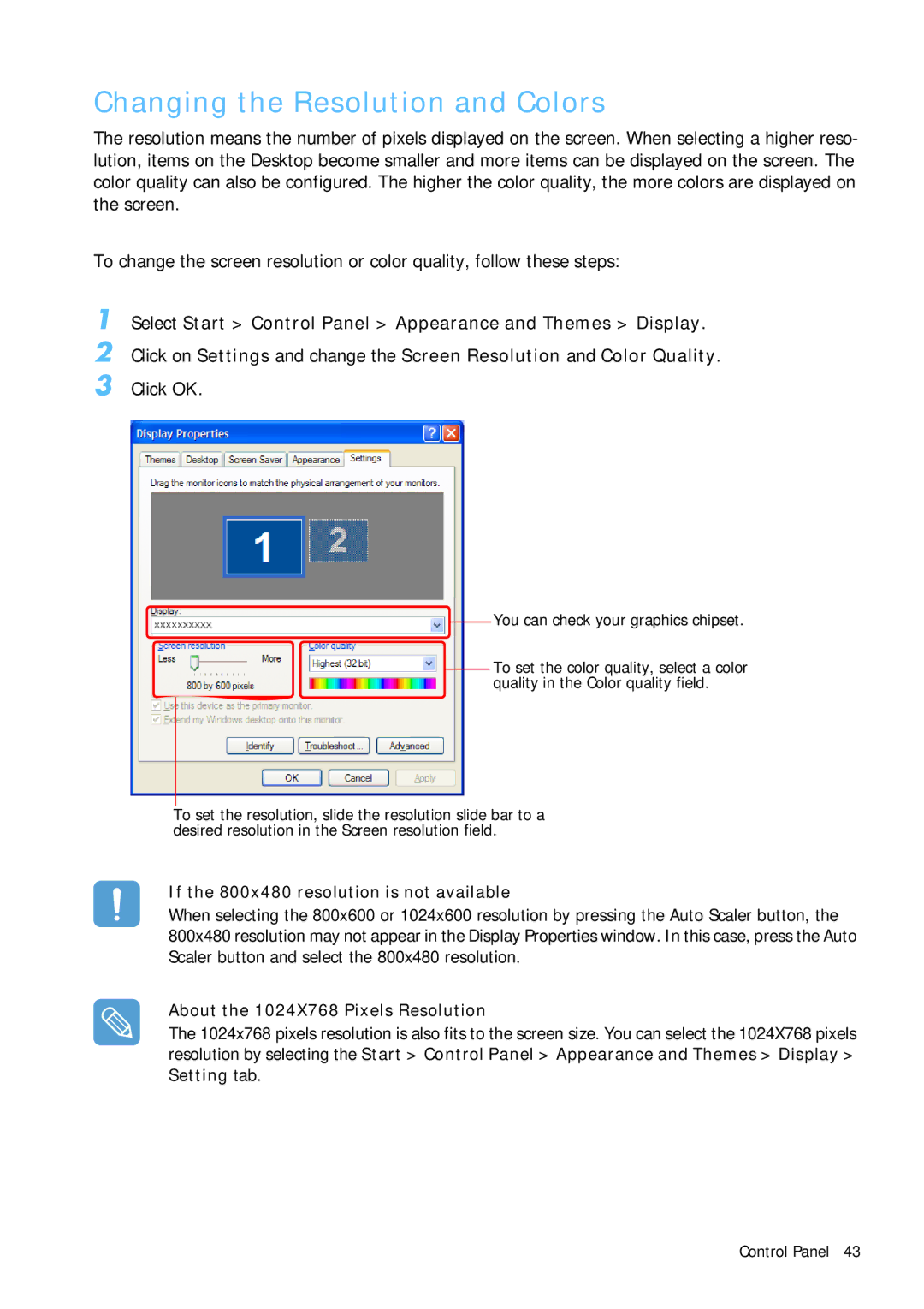 Samsung Q1B manual Changing the Resolution and Colors, Click OK, If the 800x480 resolution is not available 