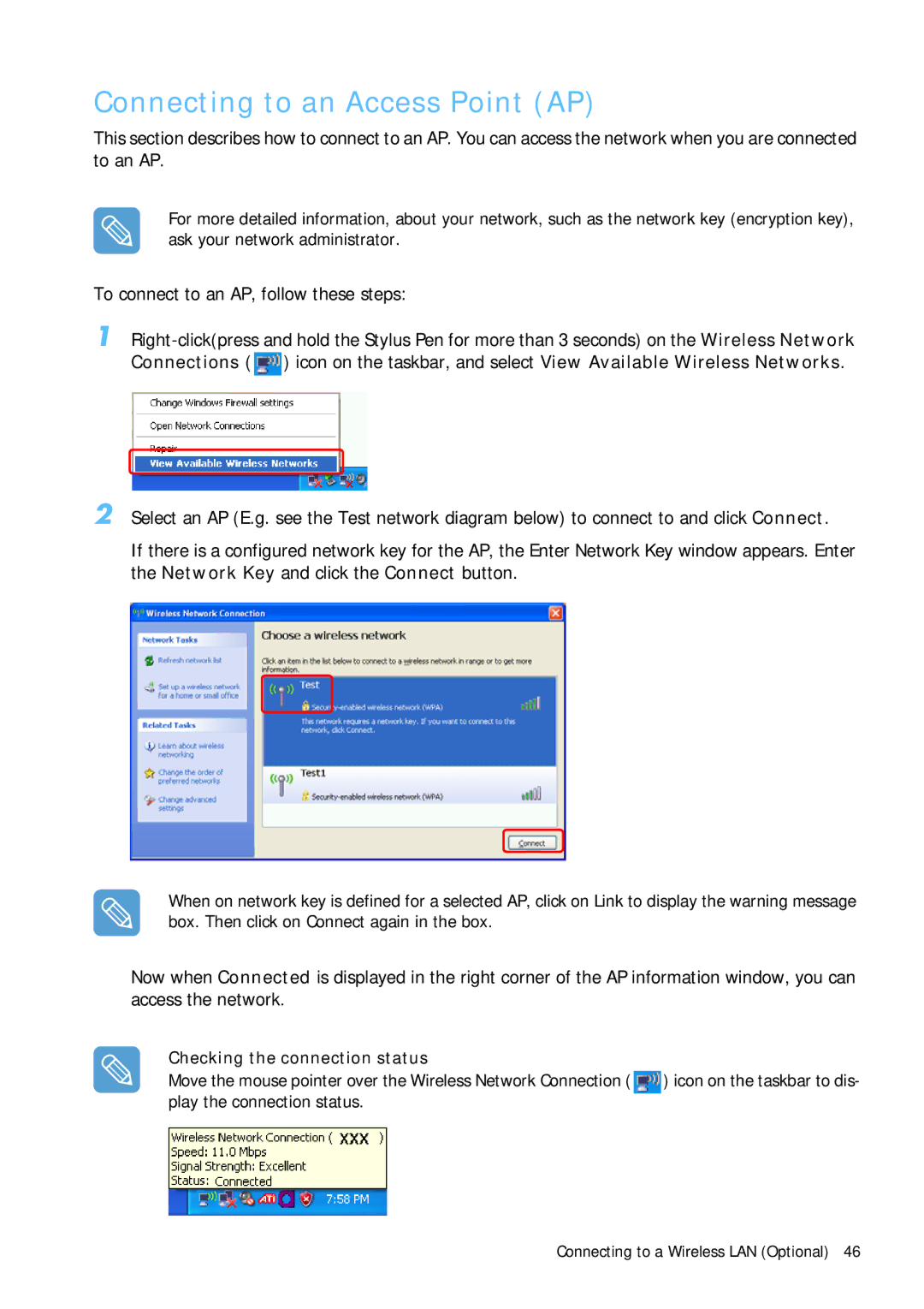 Samsung Q1B Connecting to an Access Point AP, To connect to an AP, follow these steps, Checking the connection status 