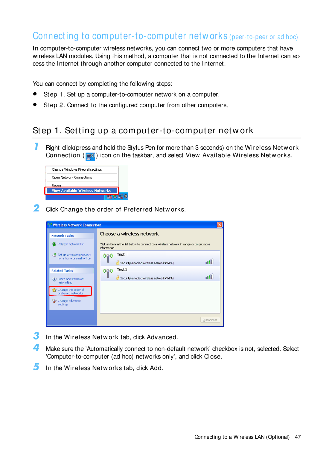 Samsung Q1B manual Setting up a computer-to-computer network, Wireless Networks tab, click Add 