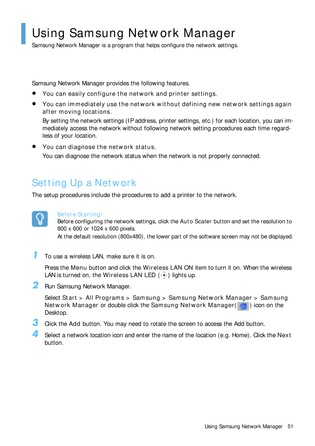 Samsung Q1B manual Using Samsung Network Manager, Setting Up a Network, You can diagnose the network status 