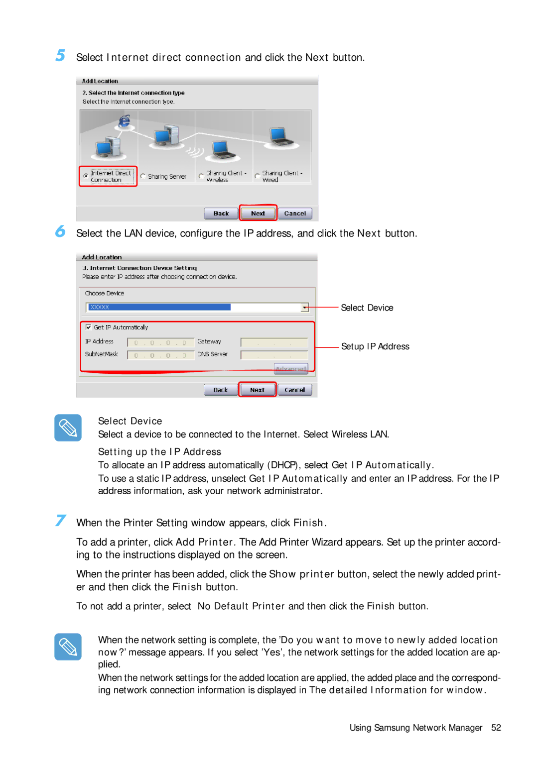 Samsung Q1B manual Select Internet direct connection and click the Next button, Select Device, Setting up the IP Address 