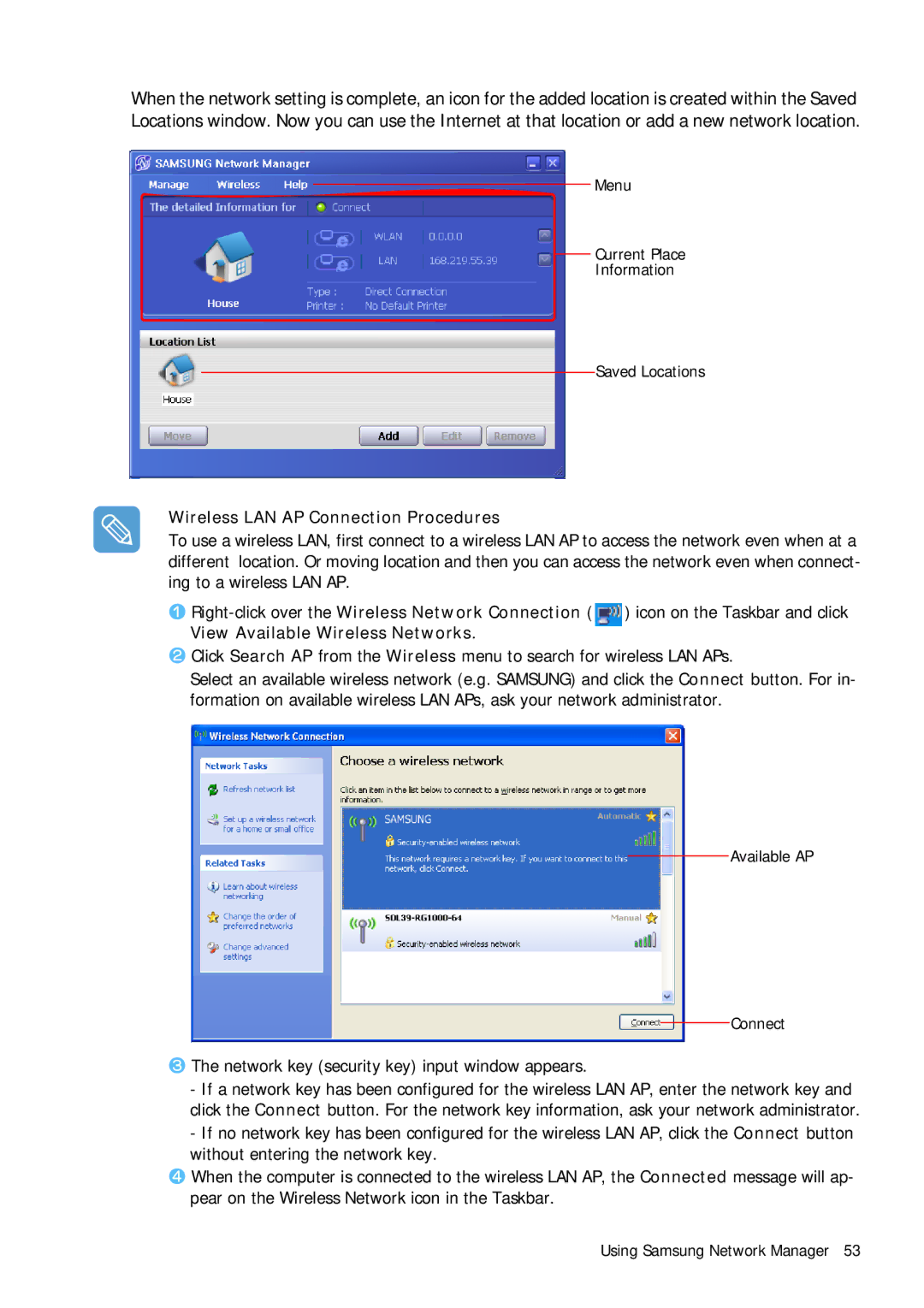 Samsung Q1B manual Wireless LAN AP Connection Procedures, Right-click over the Wireless Network Connection 