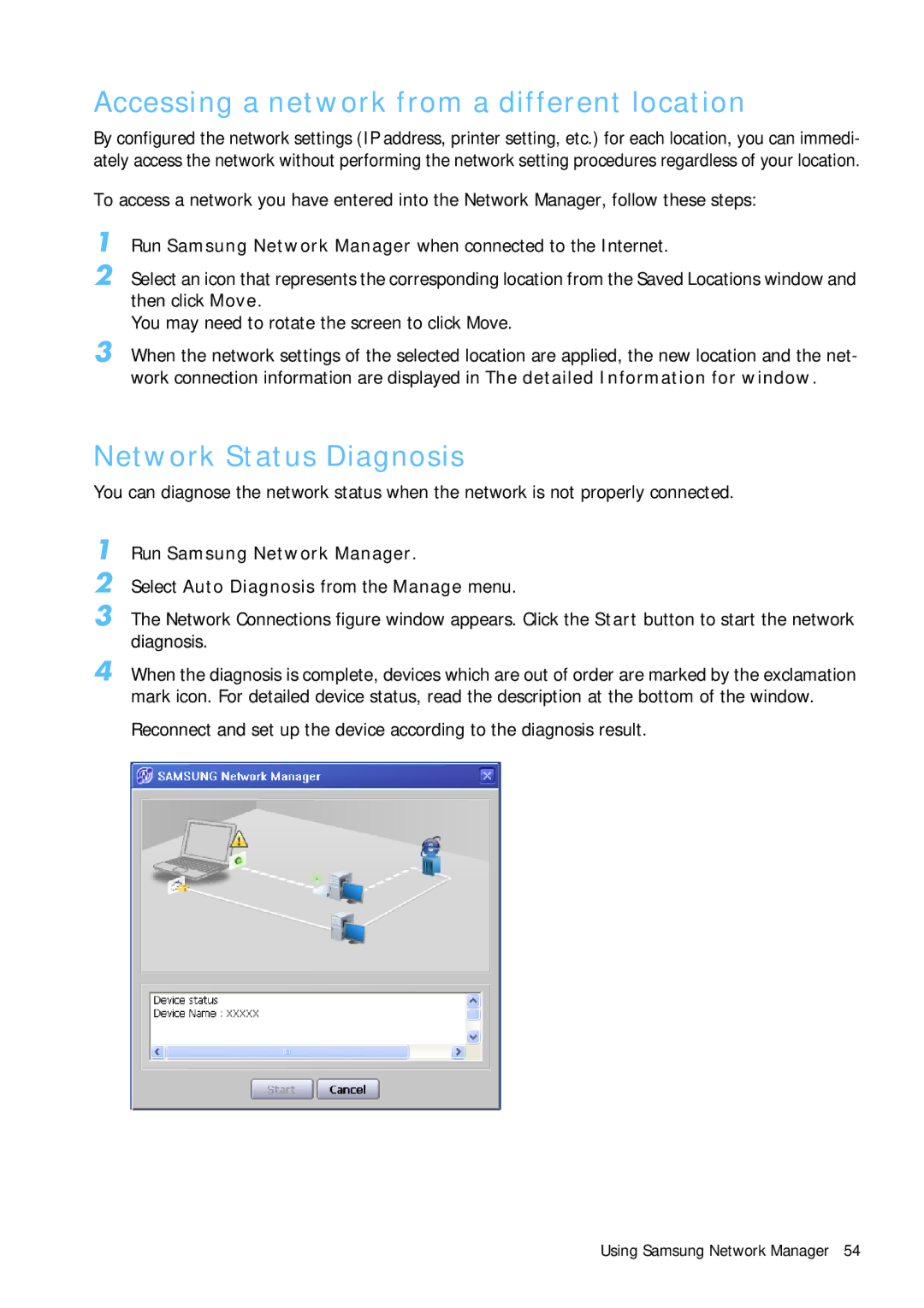 Samsung Q1B manual Accessing a network from a different location, Network Status Diagnosis 