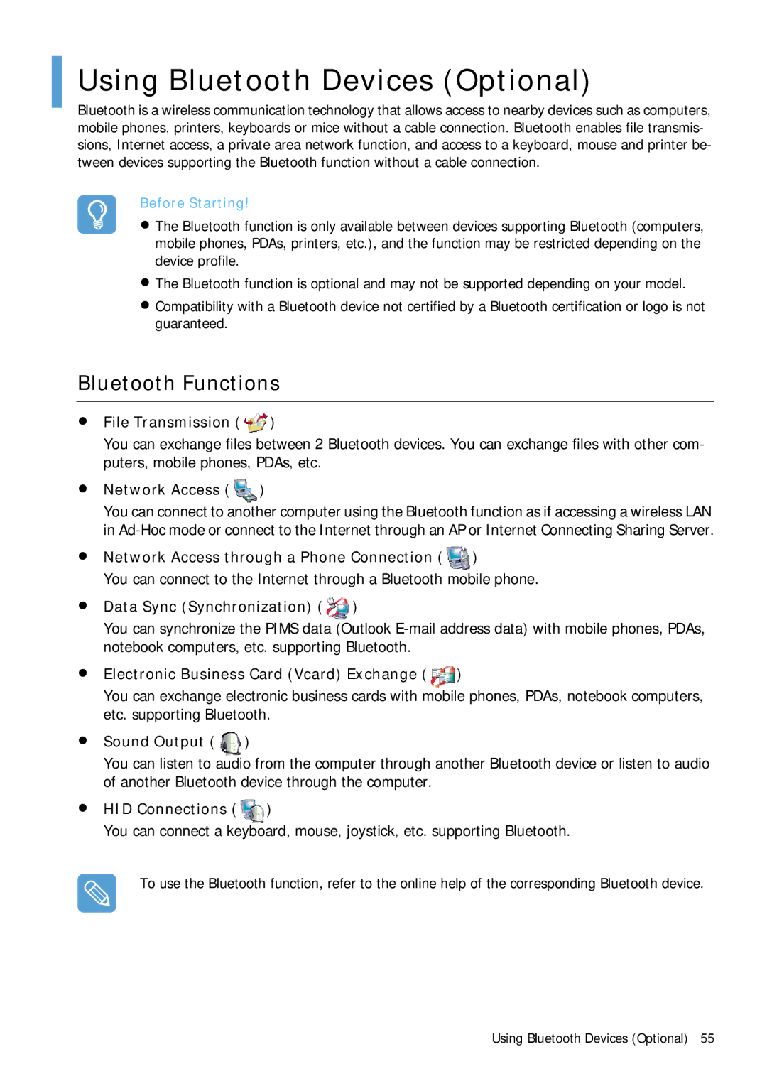 Samsung Q1B manual Using Bluetooth Devices Optional, Bluetooth Functions 