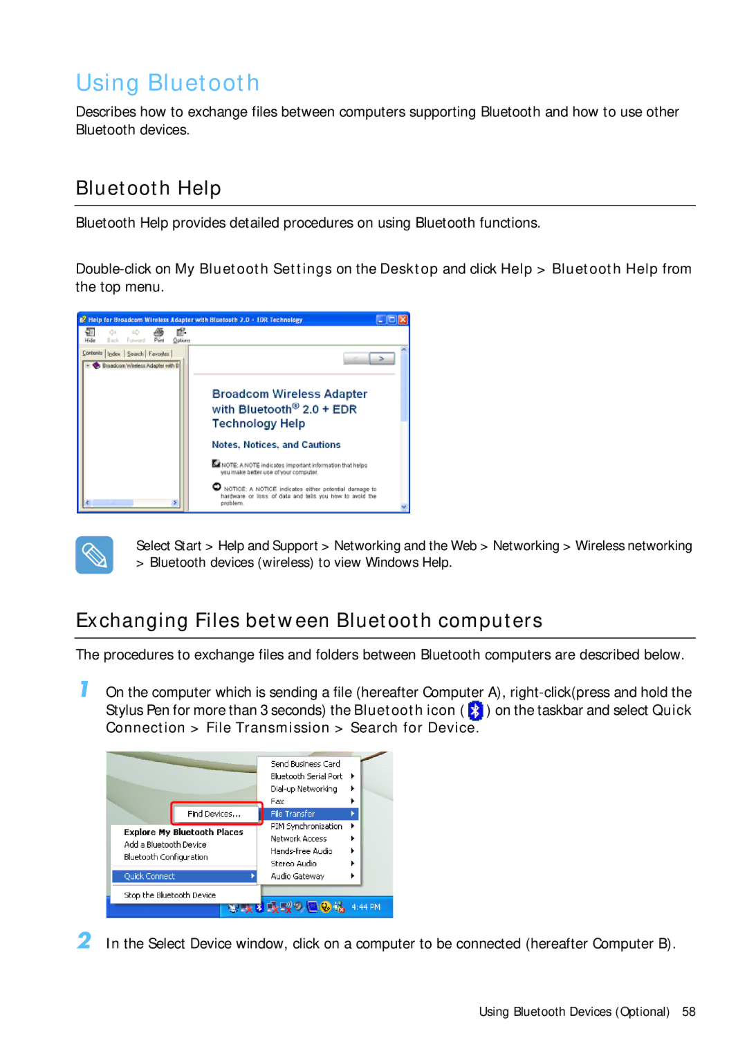 Samsung Q1B manual Using Bluetooth, Bluetooth Help, Exchanging Files between Bluetooth computers 