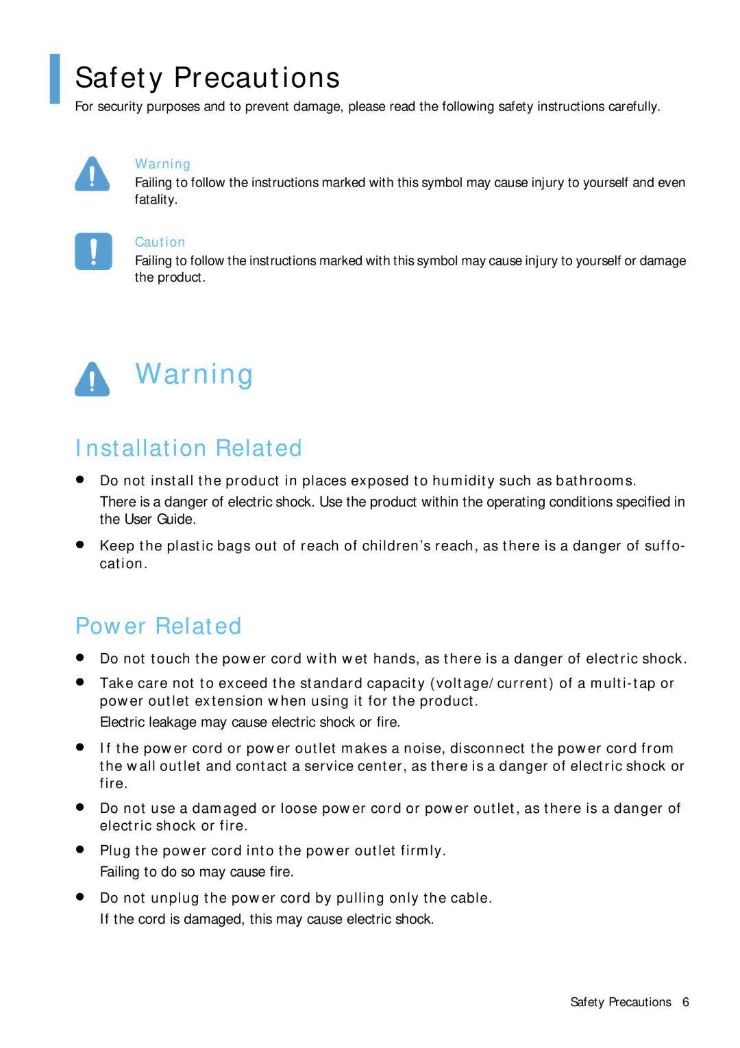 Samsung Q1B Safety Precautions, Installation Related, Power Related, Electric leakage may cause electric shock or fire 