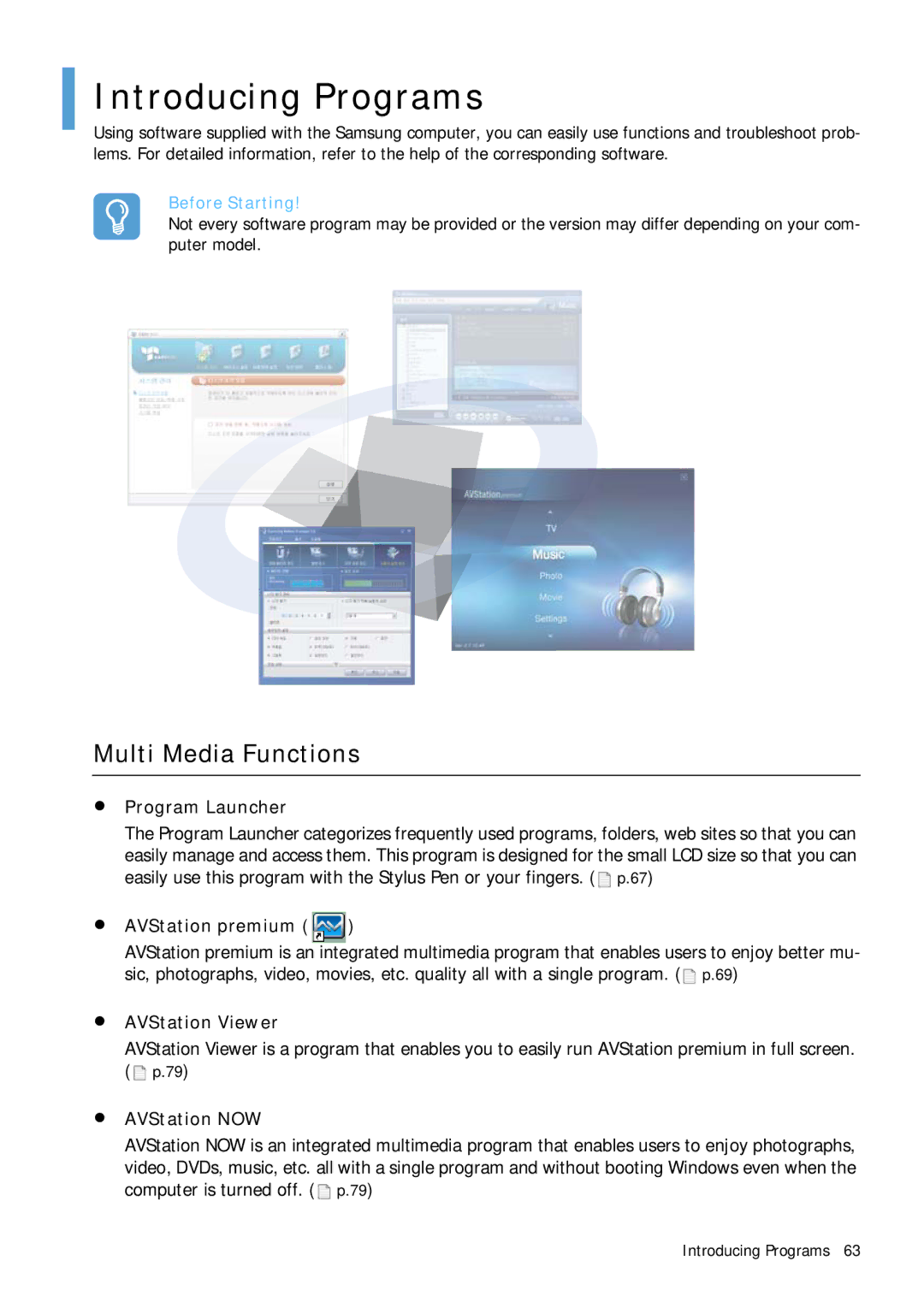 Samsung Q1B manual Introducing Programs, Multi Media Functions 