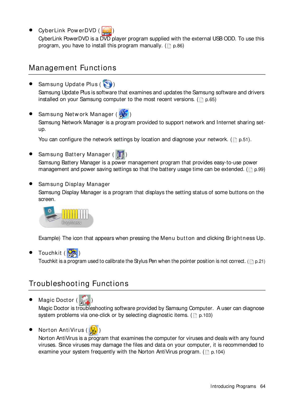 Samsung Q1B manual Management Functions, Troubleshooting Functions 