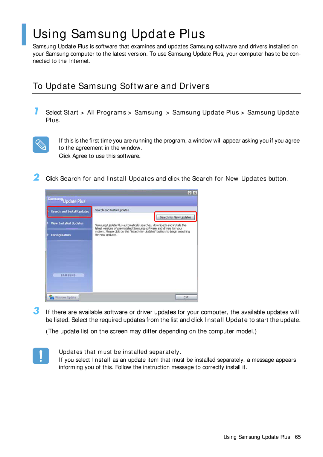 Samsung Q1B Using Samsung Update Plus, To Update Samsung Software and Drivers, Updates that must be installed separately 