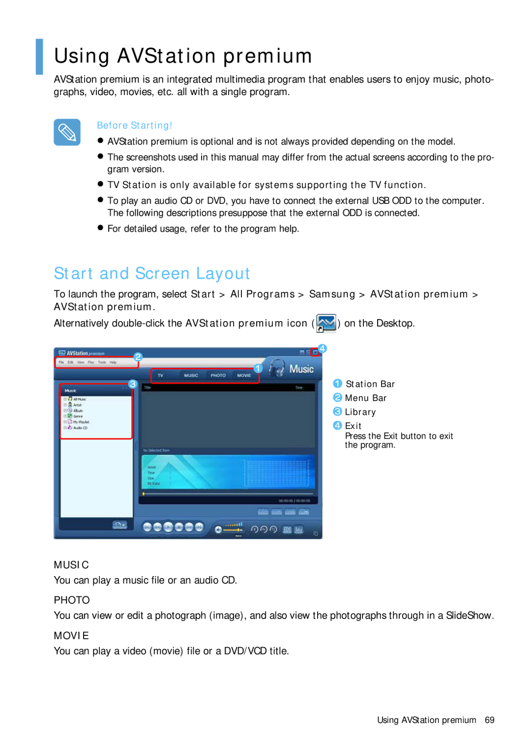 Samsung Q1B manual Using AVStation premium, Start and Screen Layout, You can play a music file or an audio CD 