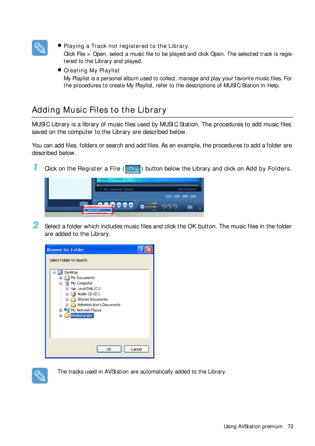 Samsung Q1B manual Adding Music Files to the Library, Playing a Track not registered to the Library, Creating My Playlist 