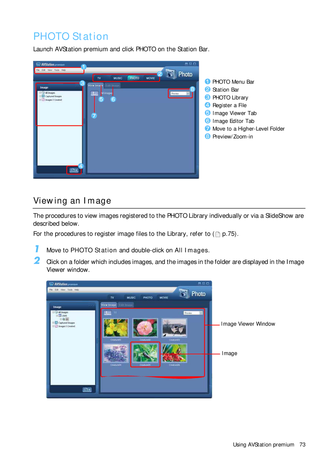 Samsung Q1B manual Photo Station, Viewing an Image, Launch AVStation premium and click Photo on the Station Bar 