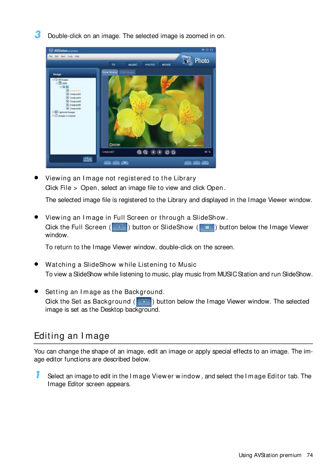 Samsung Q1B manual Editing an Image, Viewing an Image not registered to the Library, Button or SlideShow 