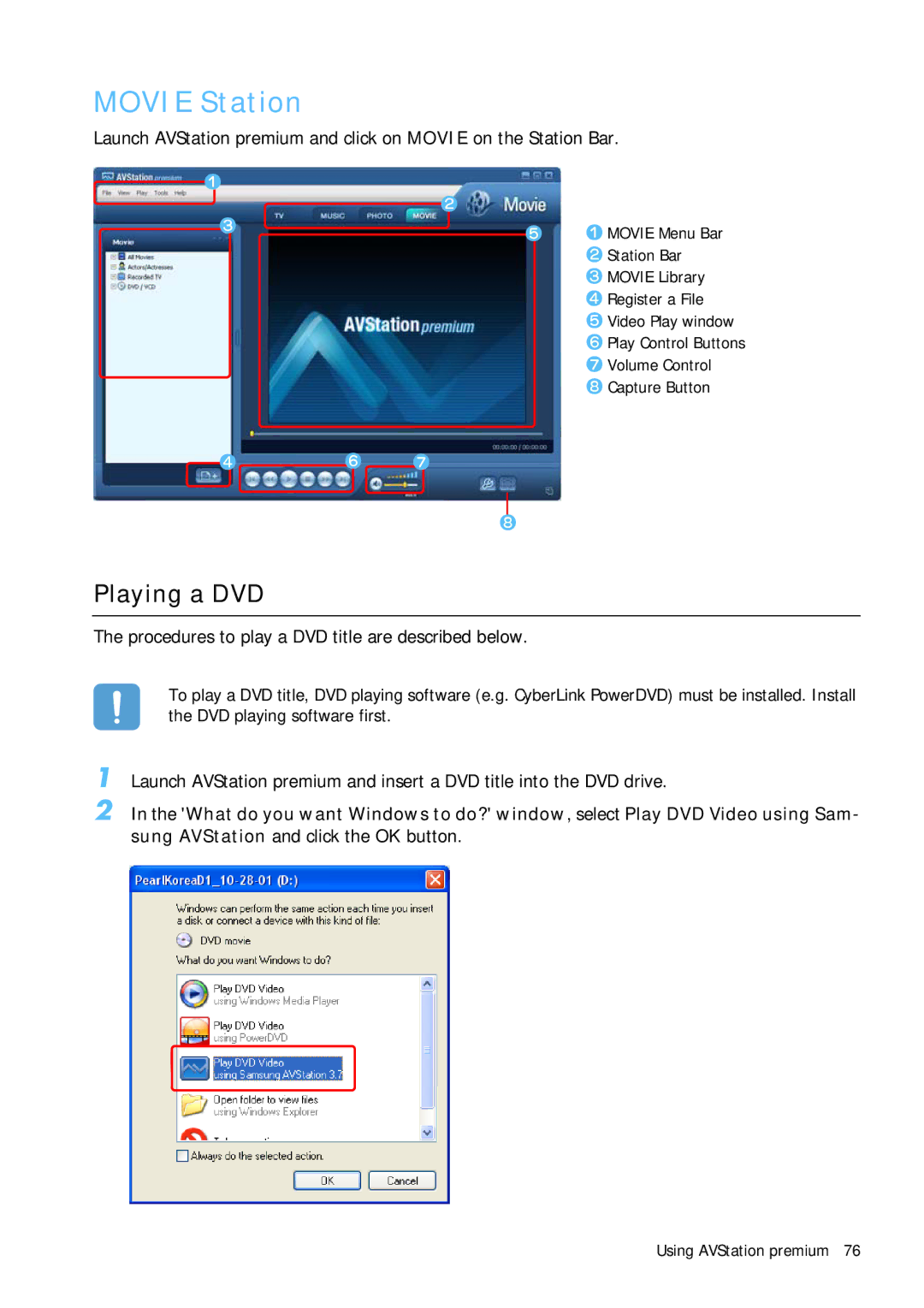 Samsung Q1B manual Movie Station, Playing a DVD, Procedures to play a DVD title are described below 