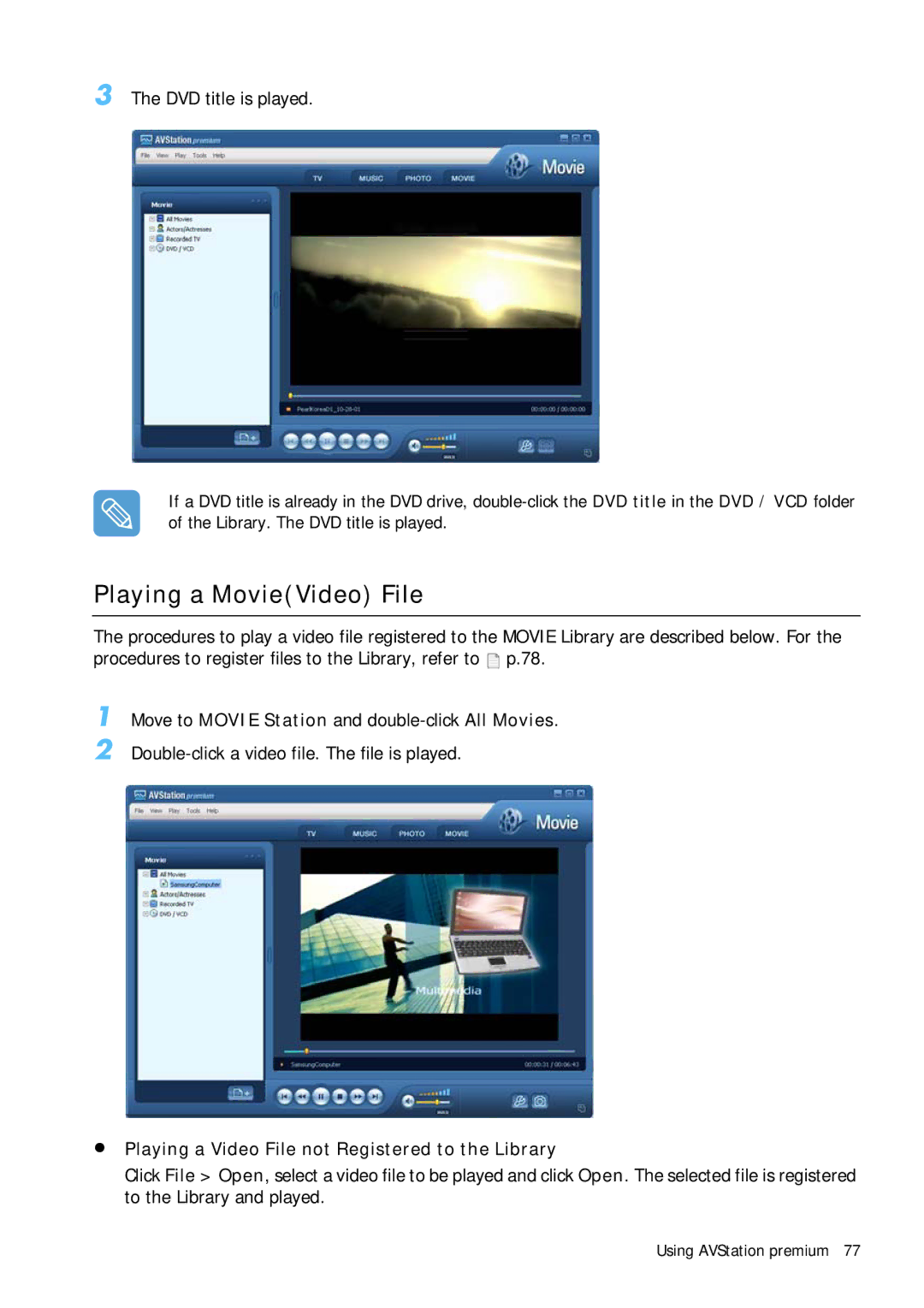 Samsung Q1B manual Playing a MovieVideo File, DVD title is played, Playing a Video File not Registered to the Library 