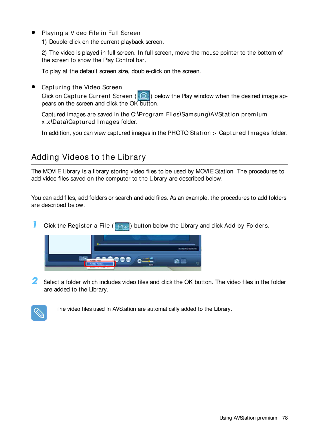 Samsung Q1B manual Adding Videos to the Library, Playing a Video File in Full Screen, Capturing the Video Screen 