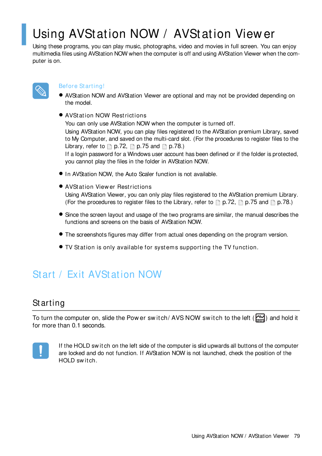 Samsung Q1B manual Using AVStation NOW / AVStation Viewer, Start / Exit AVStation NOW, Starting, AVStation NOW Restrictions 