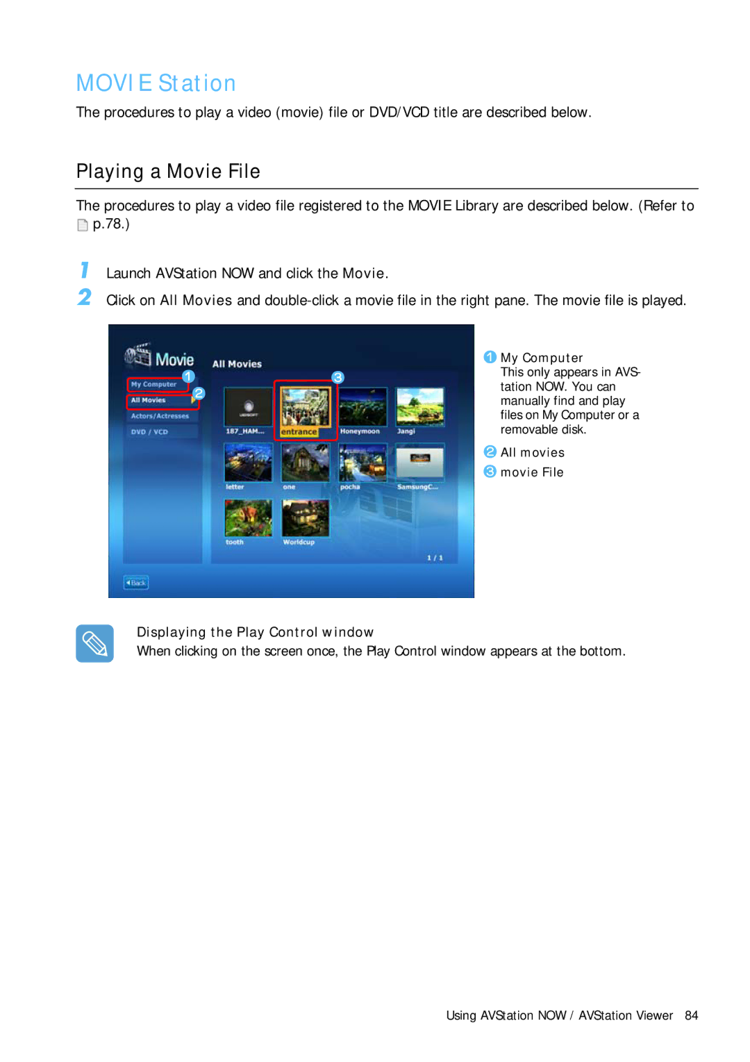 Samsung Q1B manual Playing a Movie File, Displaying the Play Control window 