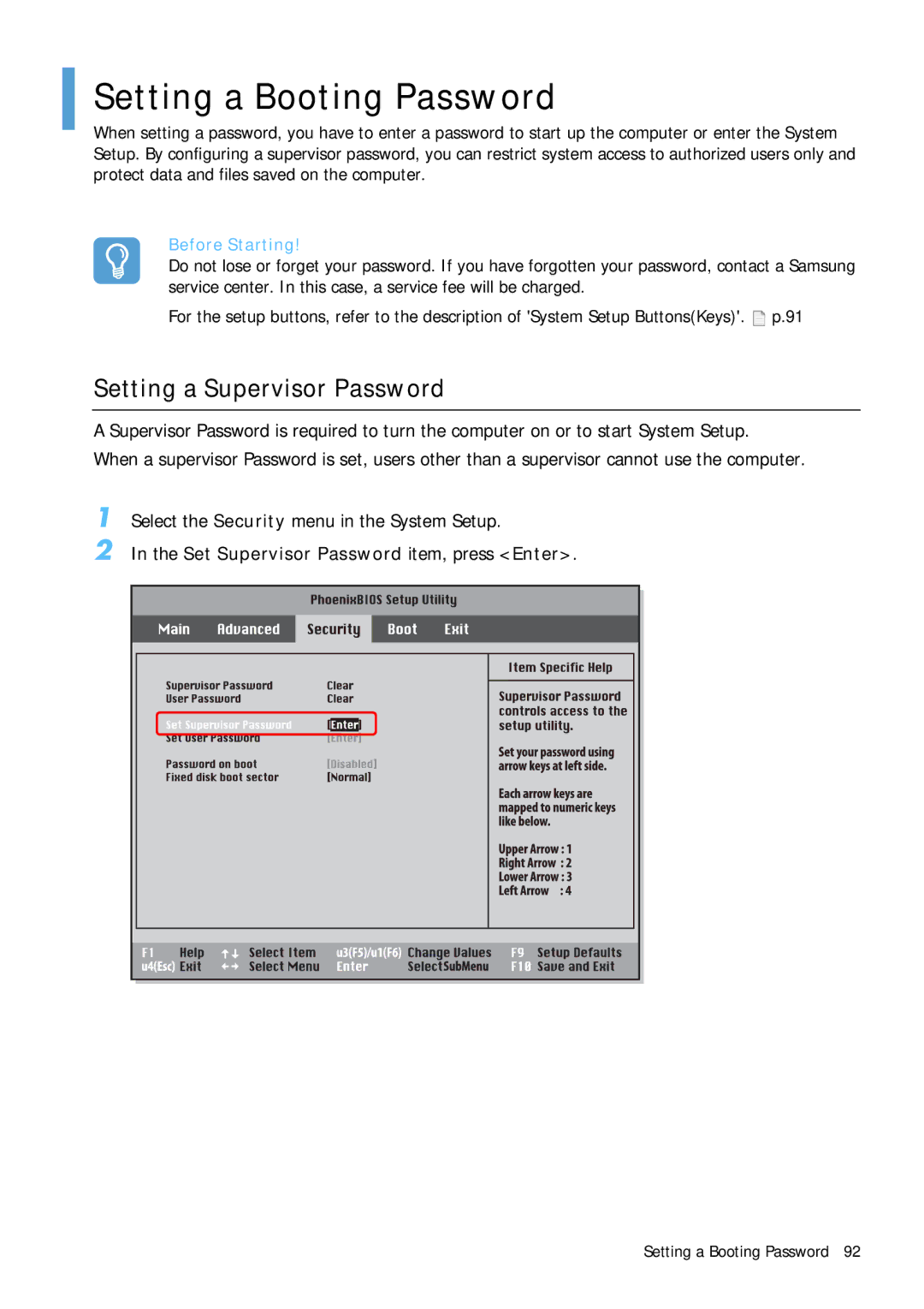 Samsung Q1B manual Setting a Booting Password, Setting a Supervisor Password, Set Supervisor Password item, press Enter 