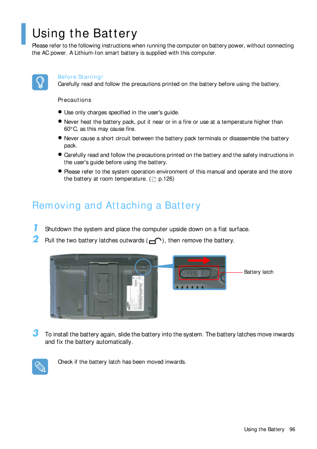 Samsung Q1B manual Using the Battery, Removing and Attaching a Battery, Precautions 