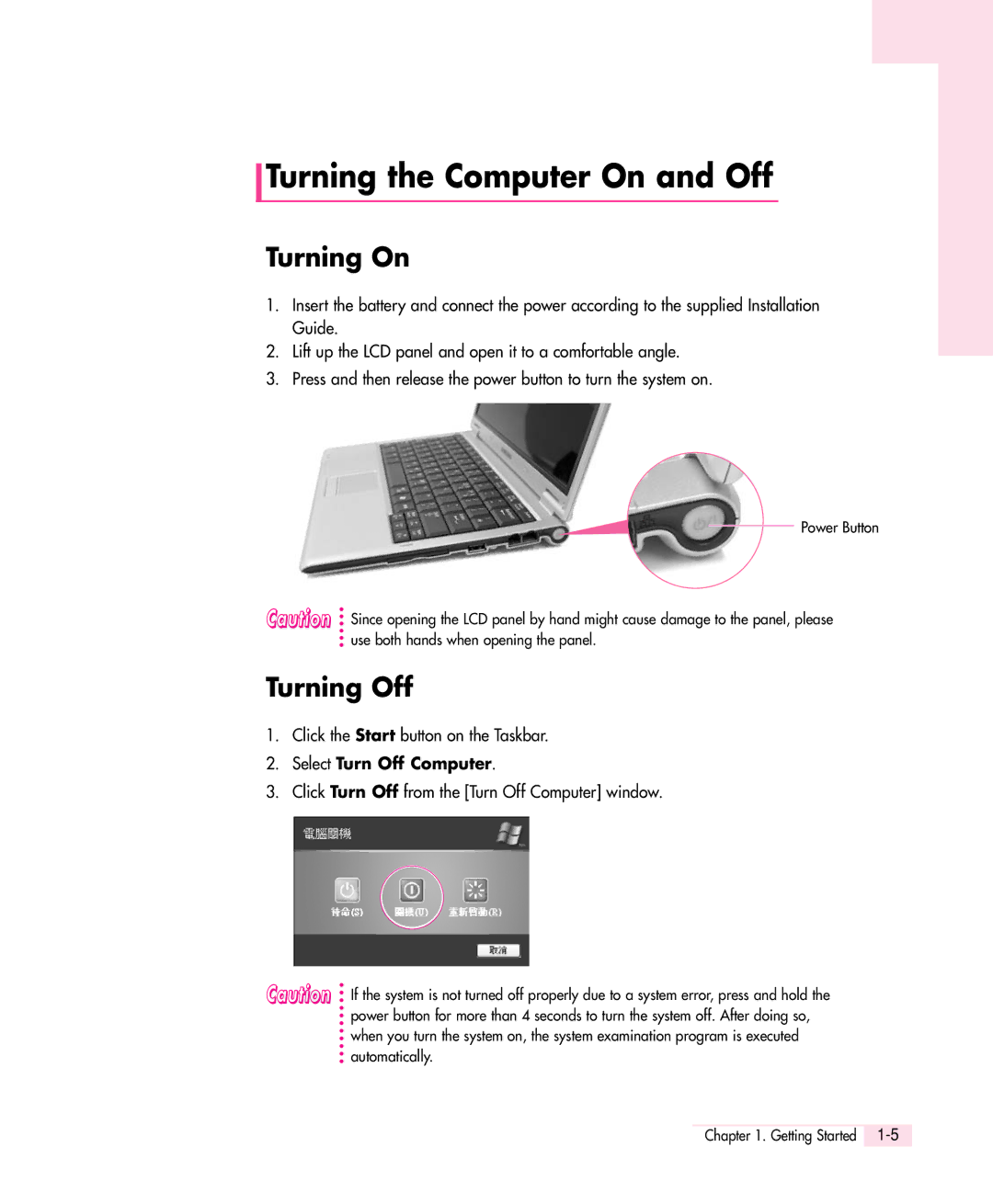 Samsung Q30 manual Turning the Computer On and Off, Turning On, Turning Off, Select Turn Off Computer 