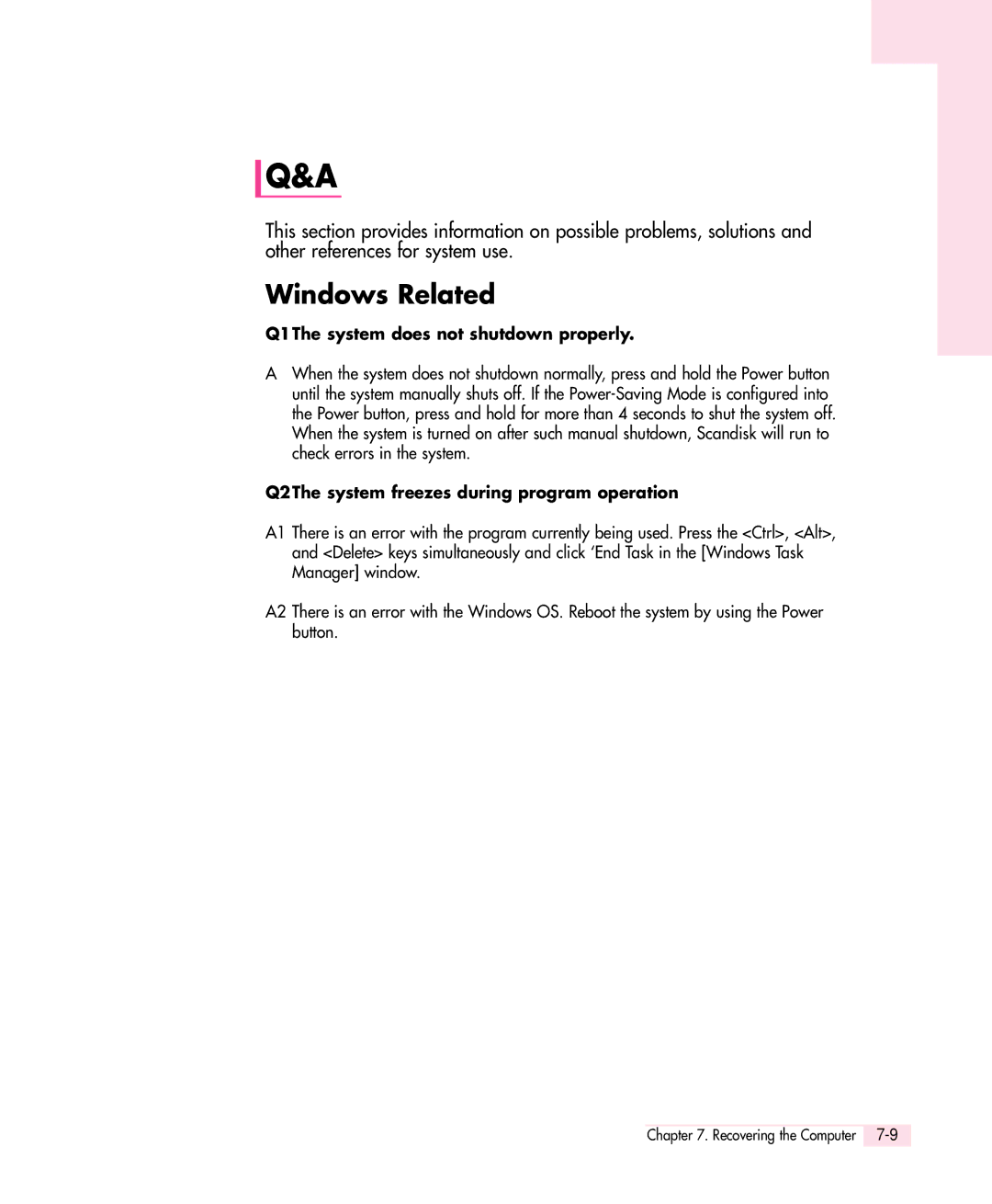 Samsung Q30 manual Windows Related, Q1The system does not shutdown properly, Q2The system freezes during program operation 