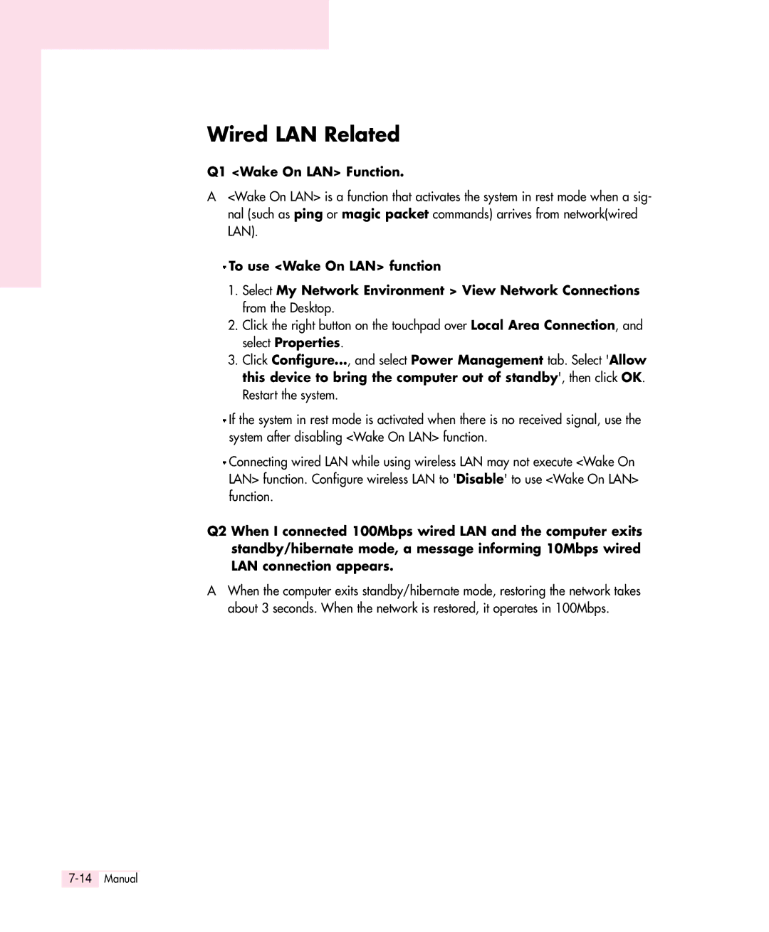 Samsung Q30 manual Wired LAN Related, Q1 Wake On LAN Function 