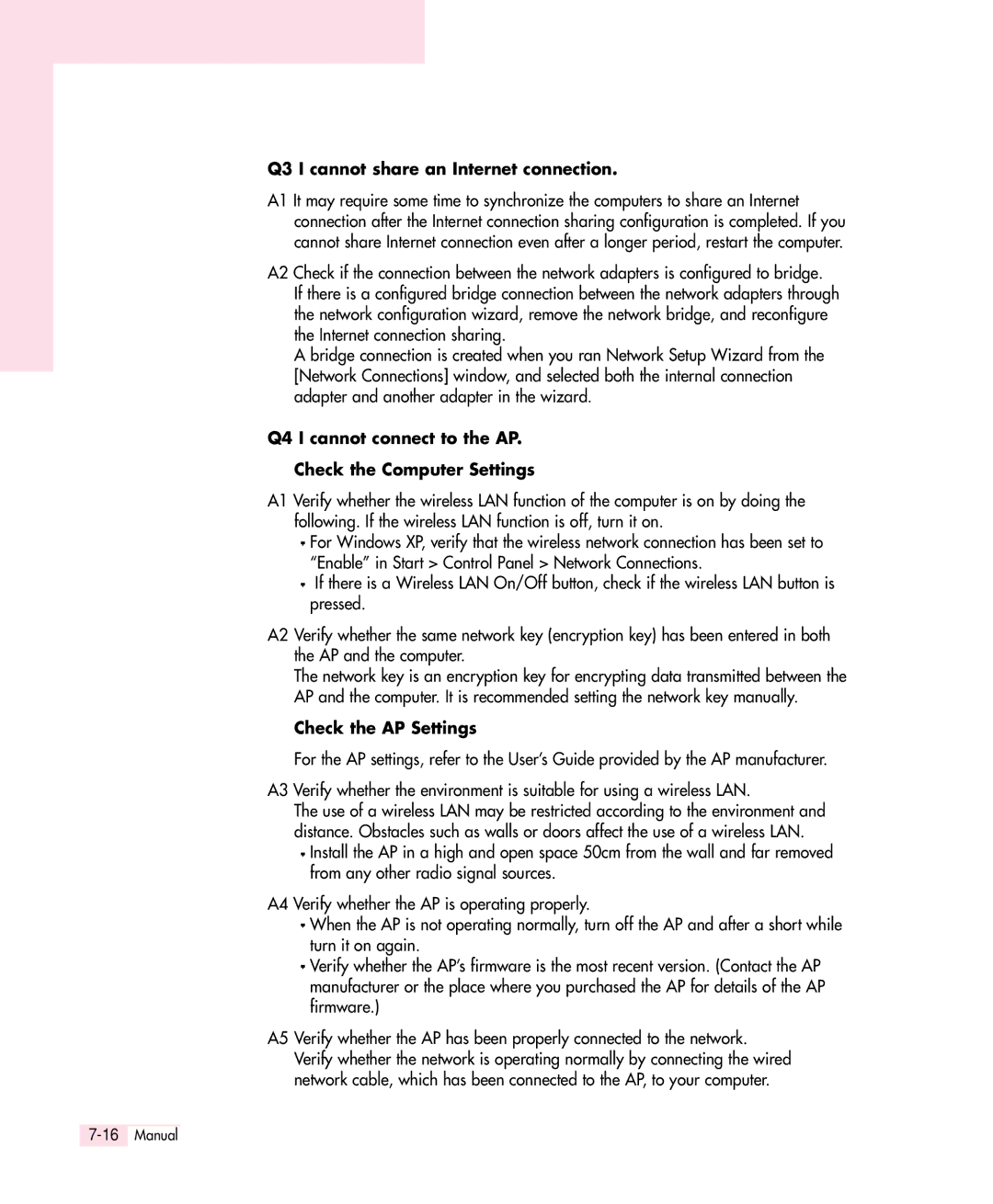 Samsung Q30 manual Q3 I cannot share an Internet connection, Q4 I cannot connect to the AP Check the Computer Settings 