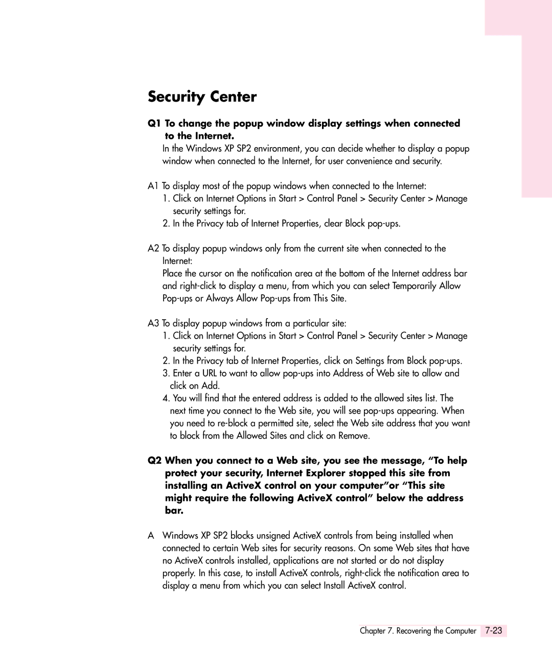 Samsung Q30 manual Security Center 