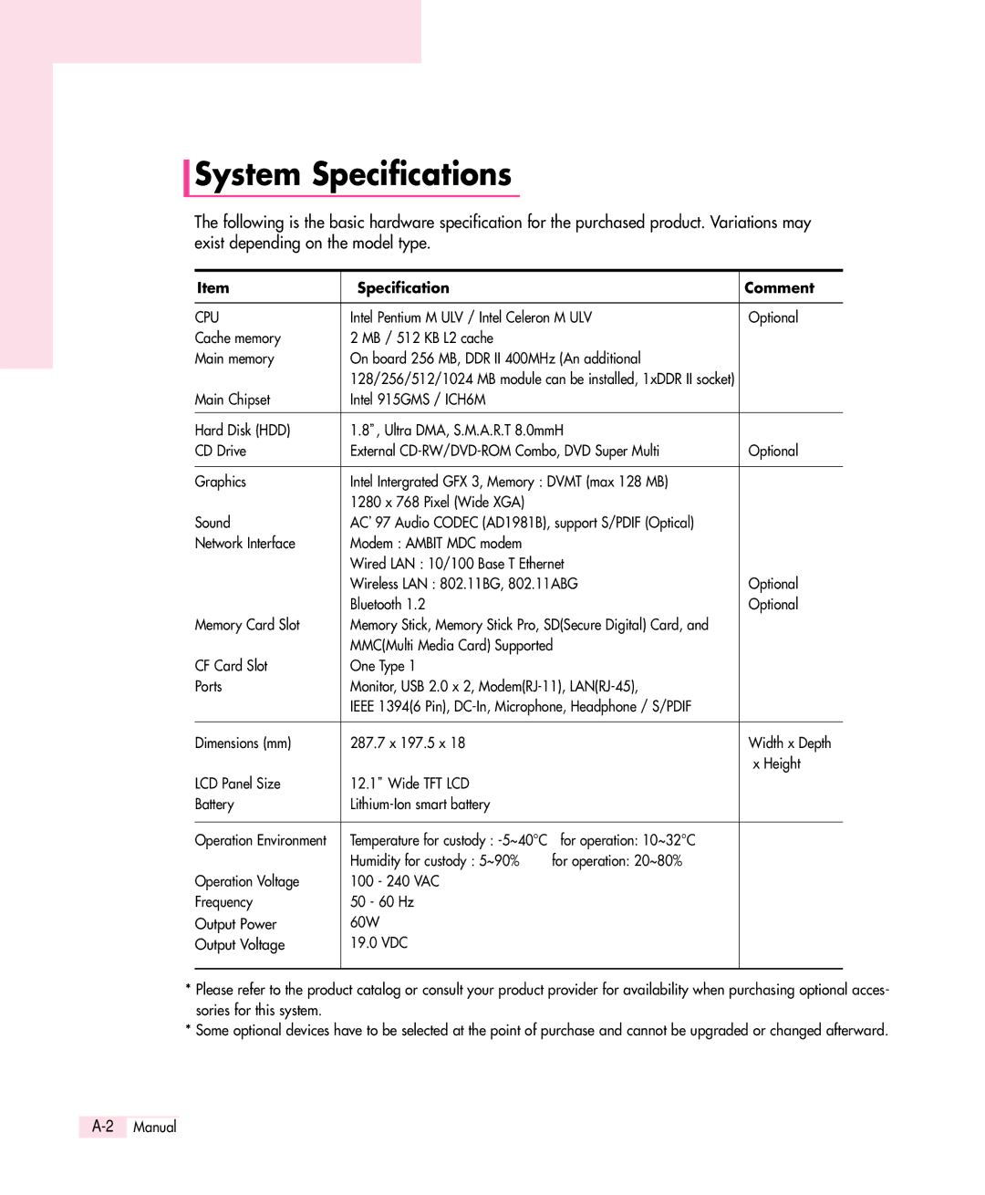 Samsung Q30 manual System Specifications, Specification Comment 